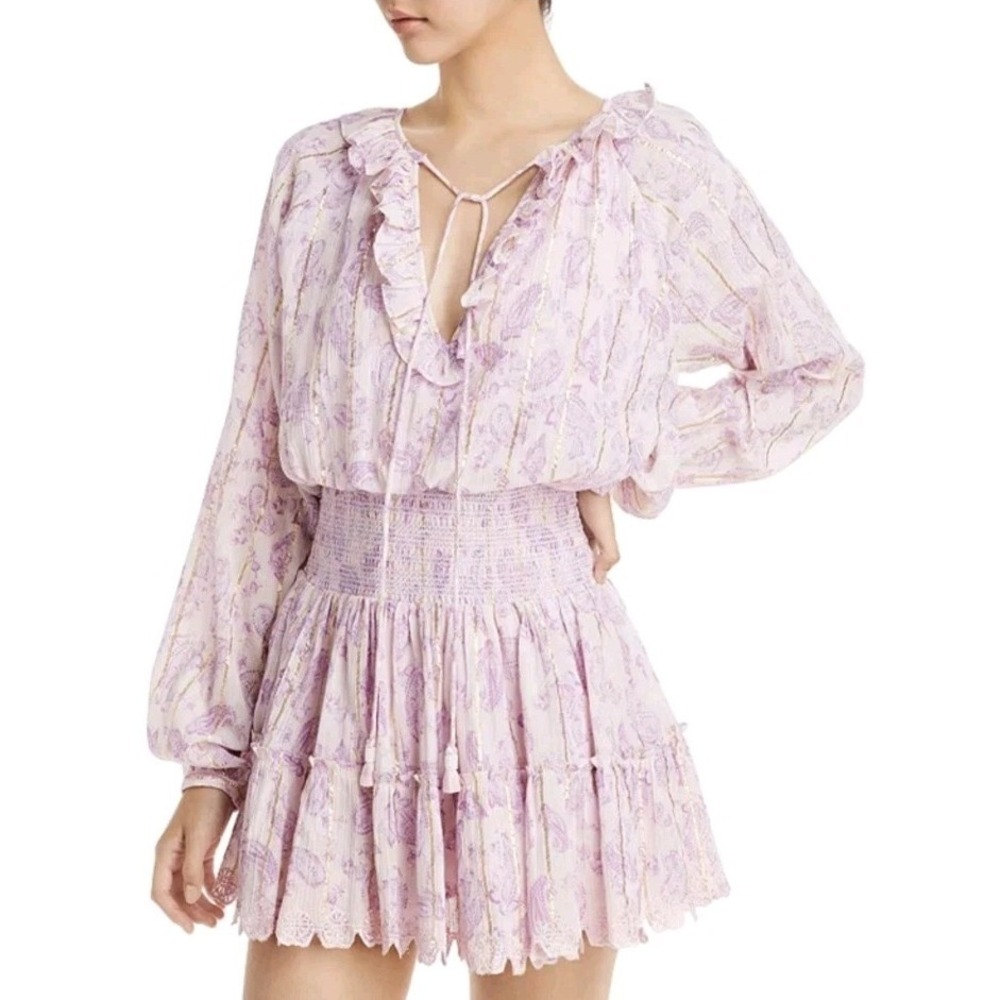HOUSE OF HARLOW 1960 Ajay Paisley Smocked Mini Dress S Ruffle Boho‎ Whimsy Core